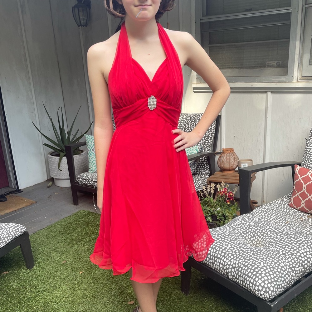 Vintage Mike Benet Red chiffon halter cocktail dress with rhinestone pendent.